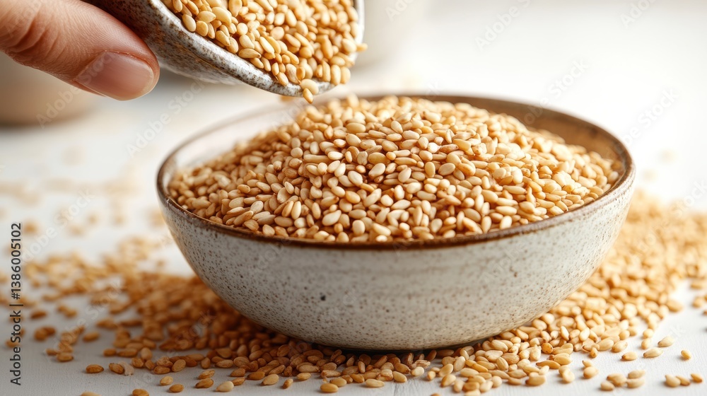 A hand pouring sesame seeds into a bowl, with more seeds scattered on a white surface A hand pouring sesame seeds into a bowl, with more seeds scattered on a white surface