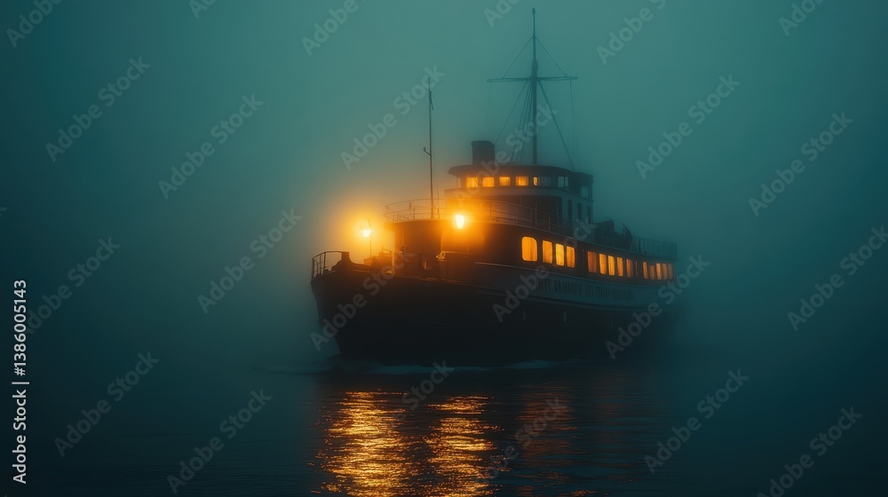 Fototapeta premium Mysterious ship emerges from foggy waters at night with glowing lights and eerie atmosphere