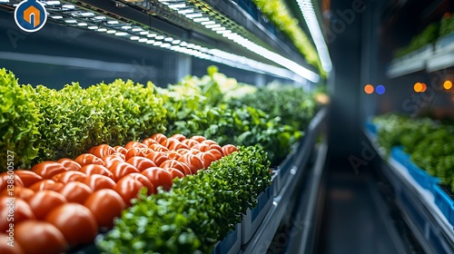 Vertical farming in a skyscraper, indoor farming, hydroponic system, future agriculture, advanced tech, clean interior, controlled environment