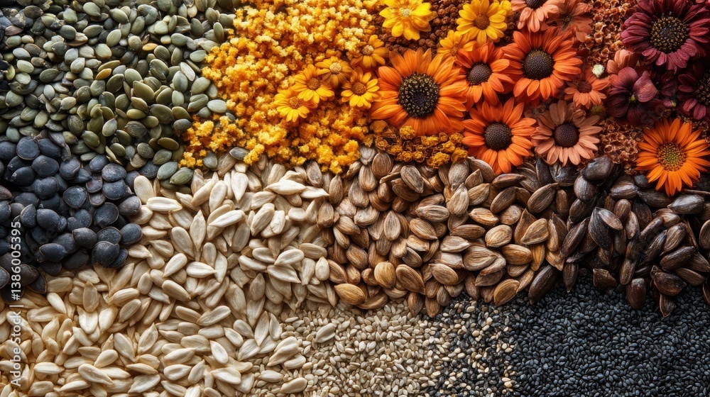 Obraz premium A close-up of a variety of seeds including pumpkin, sunflower, and sesame seeds arranged neatly on a white surface