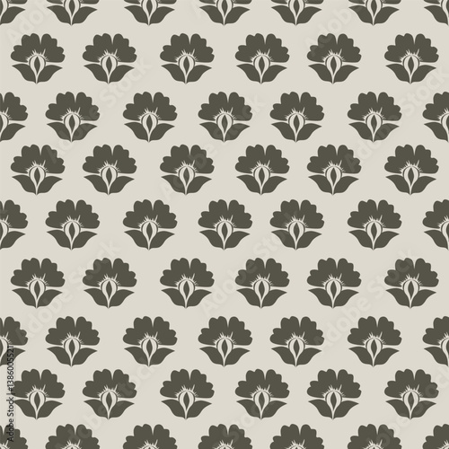 Abstract floral seamless pattern. Bright, pastel colors, gouache painting. Outline contour lines flowers. Scribble patterns Curved lines and brush stroke
