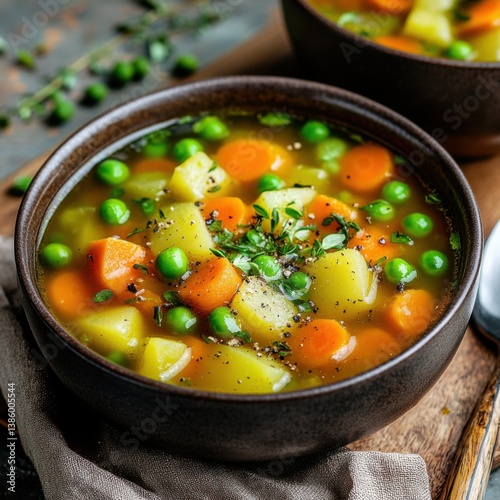 A wholesome vegetable soup with carrots, peas, and potatoes. Featuring a healthy, comforting dish