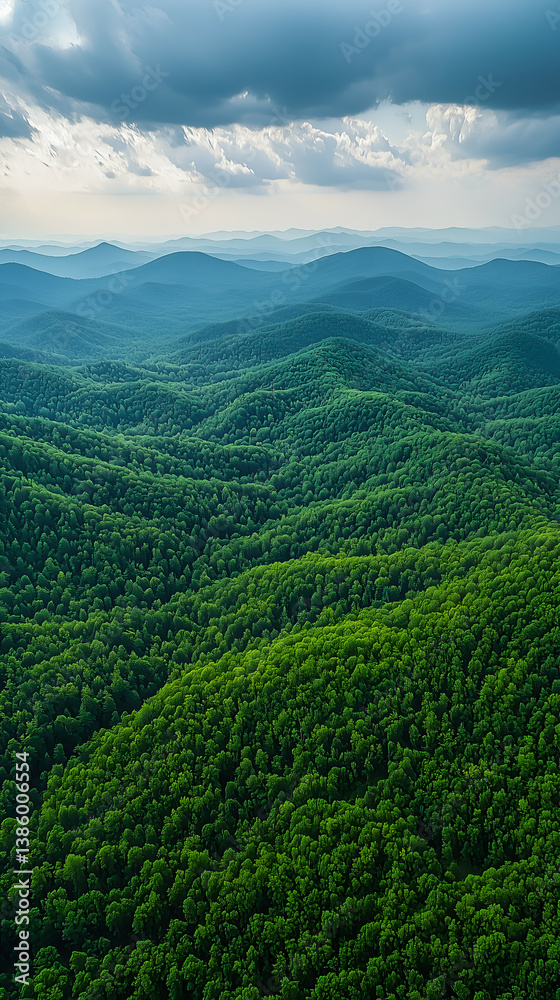 Obraz premium Tranquil Aerial View of Vibrant Mountain Ranges and Forest Scenery: Perfect Eco-Tourism Hiking Vista in Spring Summer Nature Landscape Photography