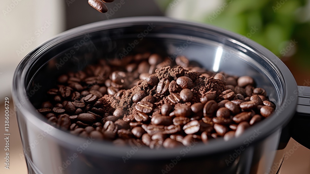 Fototapeta premium A close-up of a coffee grinder with raw coffee beans spilling out onto a white background