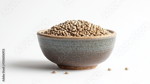 A small ceramic bowl filled with raw hemp seeds, with a few scattered around it, on a white background