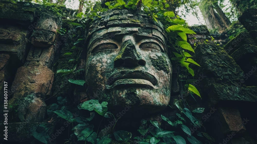 Fototapeta premium Ancient stone sculpture covered in lush green vines found in a hidden forest location