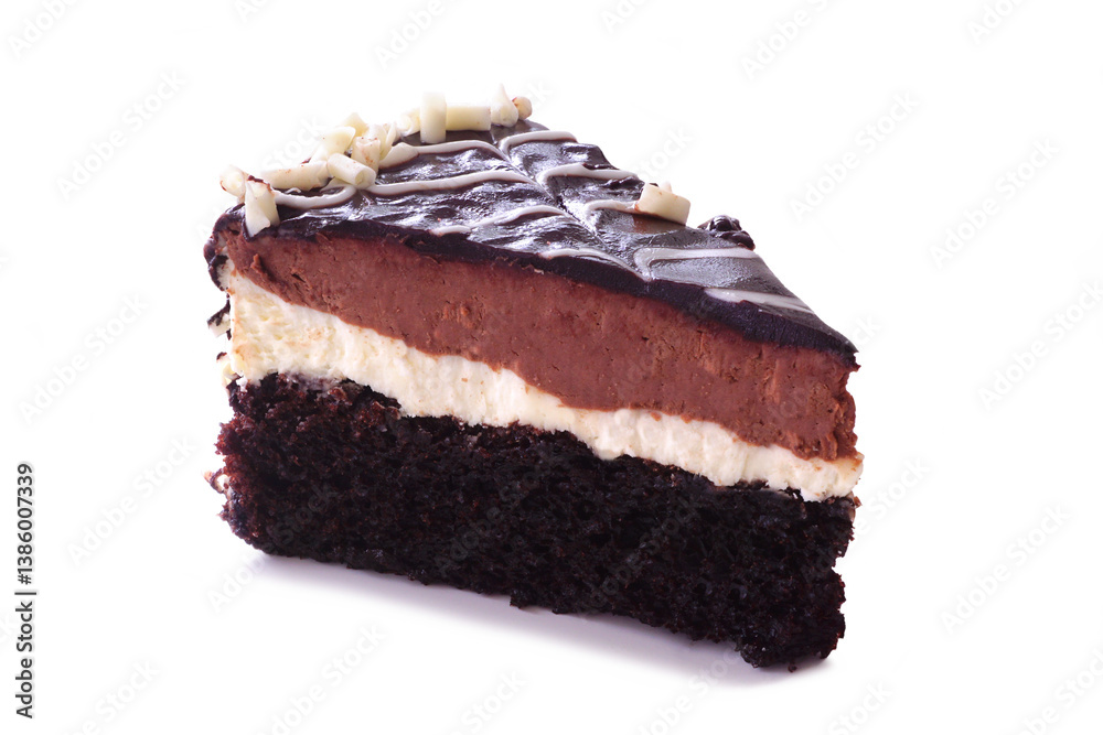 Truffle Royale cake slice isolated on a white background. Layer of rich chocolate cake, white chocolate truffle and dark chocolate truffle.
