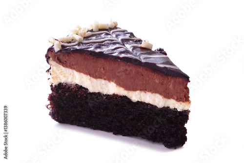 Obraz na płótnie Truffle Royale cake slice isolated on a white background. Layer of rich chocolate cake, white chocolate truffle and dark chocolate truffle. w salonie