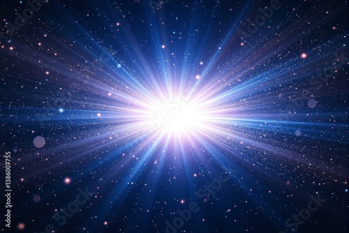 Glowing cosmic burst of light in outer space, digital style, on a deep blue starry background. Concept of universe creation, energy or explosion. Ai generative