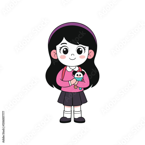  Shy Girl with Black Hair Illustration