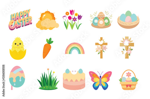 Celebrate Easter with Adorable Illustrations  Happy Easter Chick, Eggs, Flowers, Cross, and More! Perfect for Spring Cards, Invitations, and Decorations