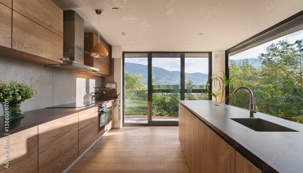 Fototapeta premium modern l shaped wooden kitchen with sunlit window and landscape view