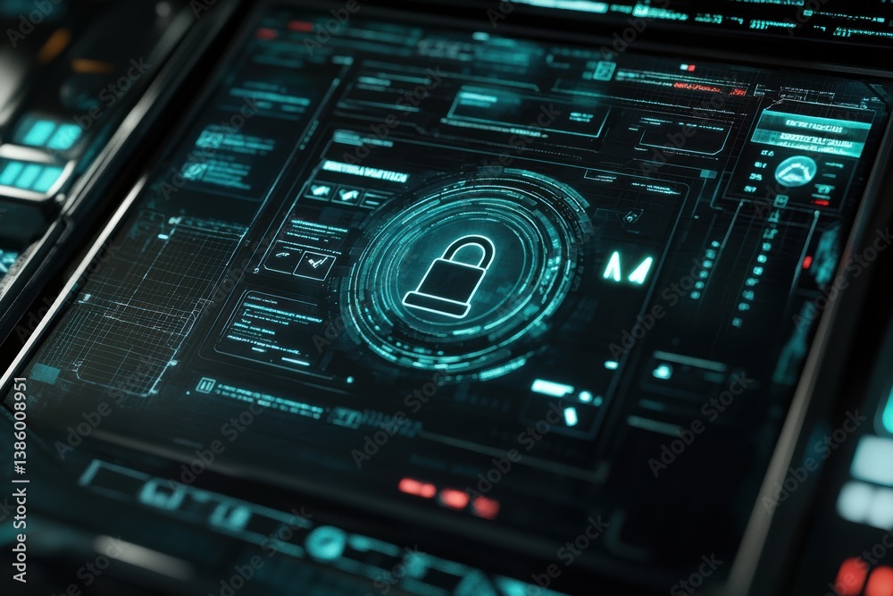 Padlock symbol on digital screen. 3D Rendering