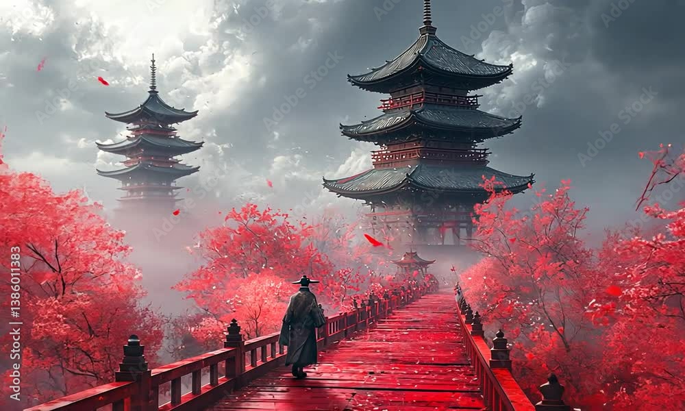 Serene landscape featuring a lone figure walking on a red bridge surrounded by cherry blossoms