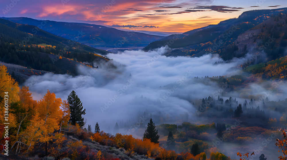 Fototapeta premium Breathtaking autumn mountain valley shrouded in morning mist with vibrant foliage and golden sunrise sky