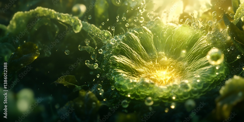 Fototapeta premium Surreal abstract rendering of plant central vacuole glowing liquid texture crystal clear boundary pristine water reflection suspended structured cell vivid lighting gradient hyper detailed cinematic