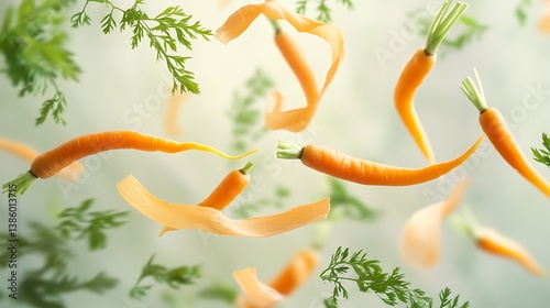 Vibrant floating carrots and their peels in a soft-focus background, showcasing fresh ingredients in a creative culinary display