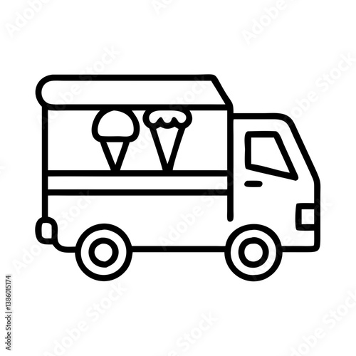 Ice cream truck vector line art illustration for summer dessert shop and food delivery service design