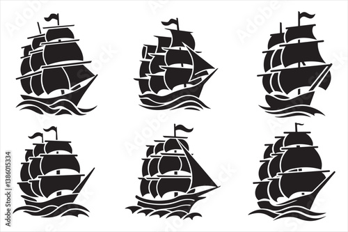 Frigate ship silhouette vector set of a isolated sailing vessel and caravel icons illustration