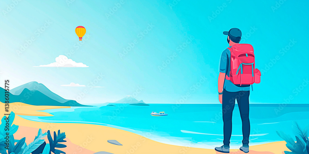 An image of a tourist with a backpack who is standing with his back turned and an airplane is flying over his head. Tourism concept An image of a tourist with a backpack who is standing with his back turned and an airplane is flying over his head. Tourism concept
