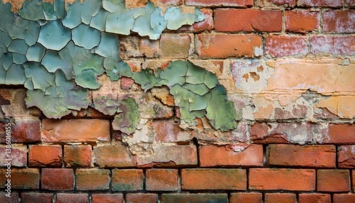 close up view of weathered brick wall with peeling paint and cracked surfaces showcasing textures and colors of aged materials