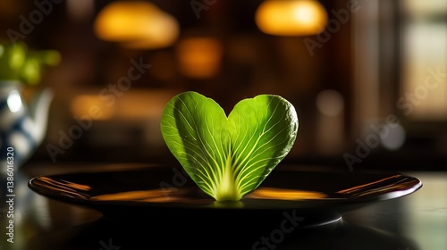 A vibrant green leafy vegetable showcased on a dark plate, illuminated beautifully in a warm, softly blurred kitchen background, radiating freshness and health