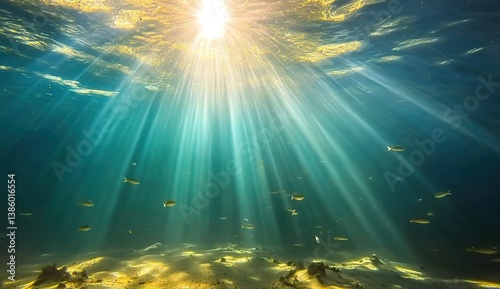 Underwater scene with sunlight penetrating water surface, rays creating light effects, fish swimming, sandy ocean floor, clear turquoise water