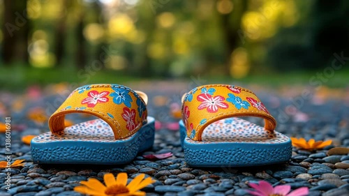 Adorable Floral Children's Sandals on Pebble Path