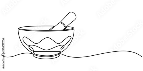 Continuous Line Drawing of Herbal Medicine Icon. Hand Drawn Symbol Vector Illustration, singing bowl icon continuous one line drawing, Tibetan singing bowl with a wooden resonant stick outline vector.