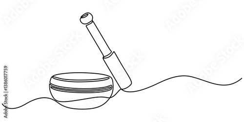 Continuous Line Drawing of Herbal Medicine Icon. Hand Drawn Symbol Vector Illustration, singing bowl icon continuous one line drawing, Tibetan singing bowl with a wooden resonant stick outline vector.