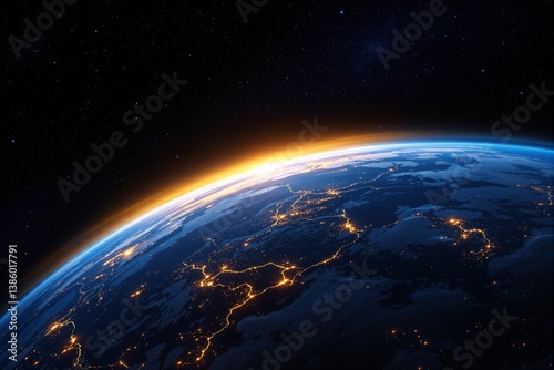 Earth from space with sunrise on the horizon, glowing city lights, digital art style, deep starry sky background, concept of global connectivity. Ai generative