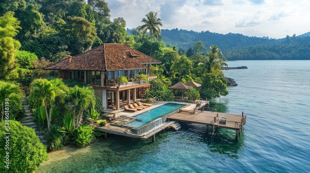 Fototapeta premium Luxury Waterfront Villa in Tropical Paradise: Secluded Island Getaway