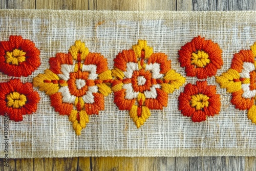 Traditional embroidery pattern on rustic fabric - textile art for craft projects and home decor