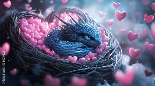 A sleeping blue dragon curled up in a heart shaped nest