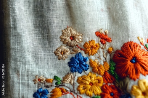 Minimalistic close-up of colorful floral embroidery on fabric for textile design