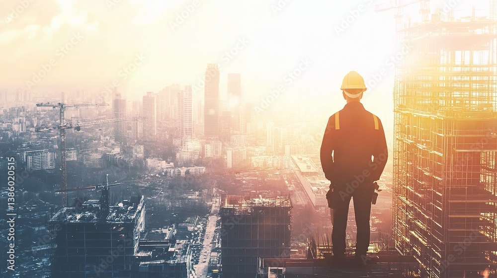 Fototapeta premium Construction Engineer Overlooking Cityscape During Sunrise