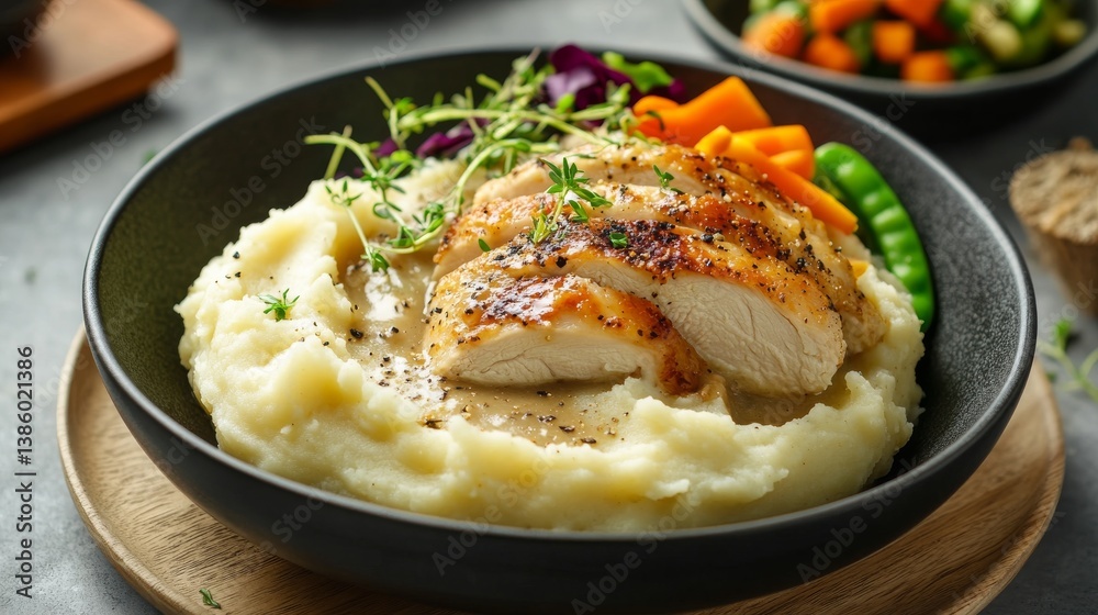 A bowl of creamy mashed potatoes with gravy and crispy roasted chicken. Featuring comfort and indulgence A bowl of creamy mashed potatoes with gravy and crispy roasted chicken. Featuring comfort and indulgence