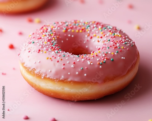Pink Donut Close-up on Pink Surface