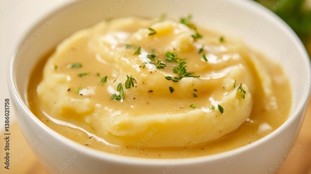 A bowl of creamy mashed potatoes with gravy and herbs. Featuring classic comfort food A bowl of creamy mashed potatoes with gravy and herbs. Featuring classic comfort food