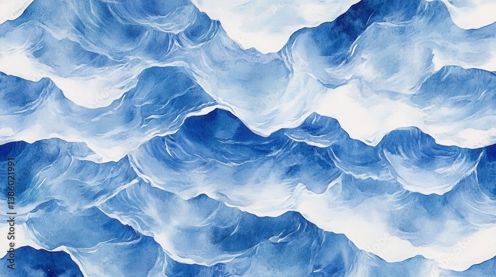 Obraz premium Serene watercolor waves in shades of blue and white creating a calming and artistic background with a smooth texture and a seamless pattern