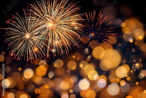 Colorful fireworks burst in warm golden tones with glowing light bokeh style on dark background, concept of celebration and joy, Ai generative