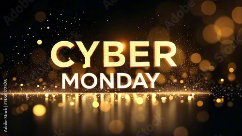 Dynamic cyber monday animation with glittering gold particles and reflective surfaces