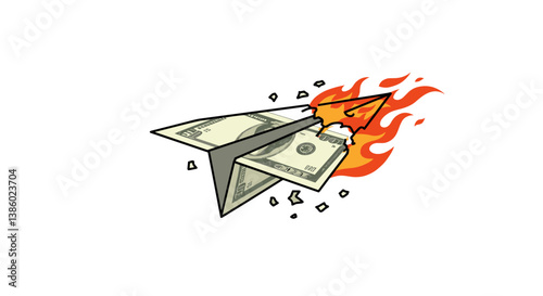 Paper plane made of money flying with flames