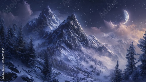 Obraz na płótnie Snowy mountain range scene under a starry night sky w salonie