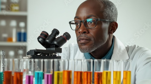 A scientist in a laboratory conducting an experiment with test tubes, beakers, and a microscope, on a white background