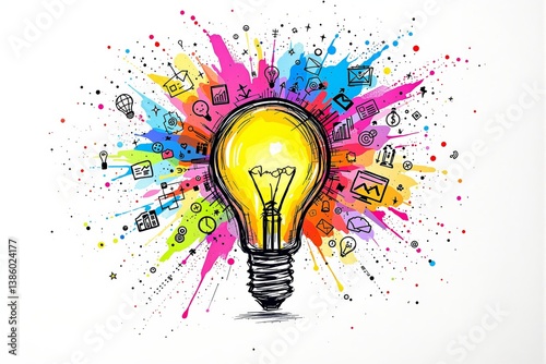 Light bulb with colorful paint splashes and creative icons exploding outward in sketch style over white background, symbolizing innovation and imagination. Ai generative