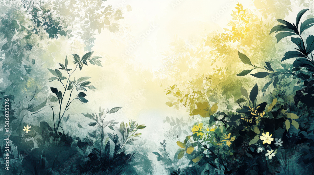 Obraz premium Exotic jungle vegetation with overlapping plant species, delicate flowers and fruit clusters, fading into a soft