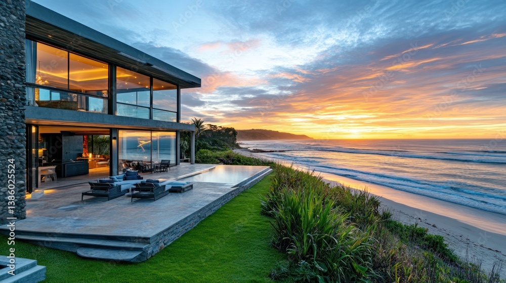 Fototapeta premium Oceanfront Luxury Villa at Sunrise
