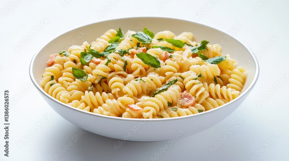 A bowl of creamy pasta with basil and parmesan. Featuring comfort food and satisfaction A bowl of creamy pasta with basil and parmesan. Featuring comfort food and satisfaction