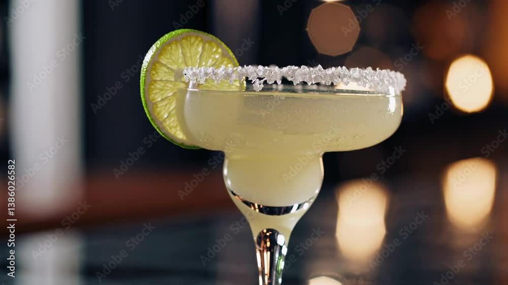 Refreshing margarita cocktail garnished with lime and salt, placed on a bar counter with blurred background lights, creating a sophisticated and inviting atmosphere